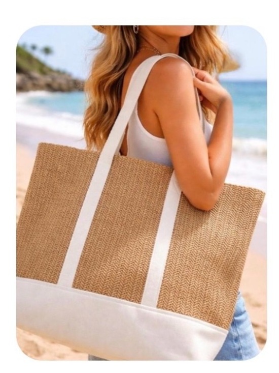 Show Me Your MuMu Handbags - NWT, by MUMU Beach Tote Bag with White Trim - Straw/Natural